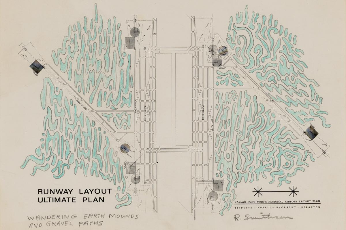 drawing by Robert Smithson showing wandering earth mounds and gravel paths
