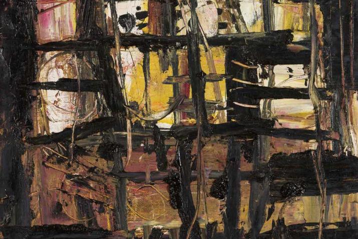 abstract painting with sharp black lines and brown and yellow tones