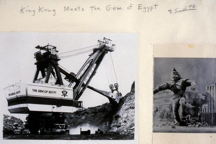 a collage with an of a large crane and king kong