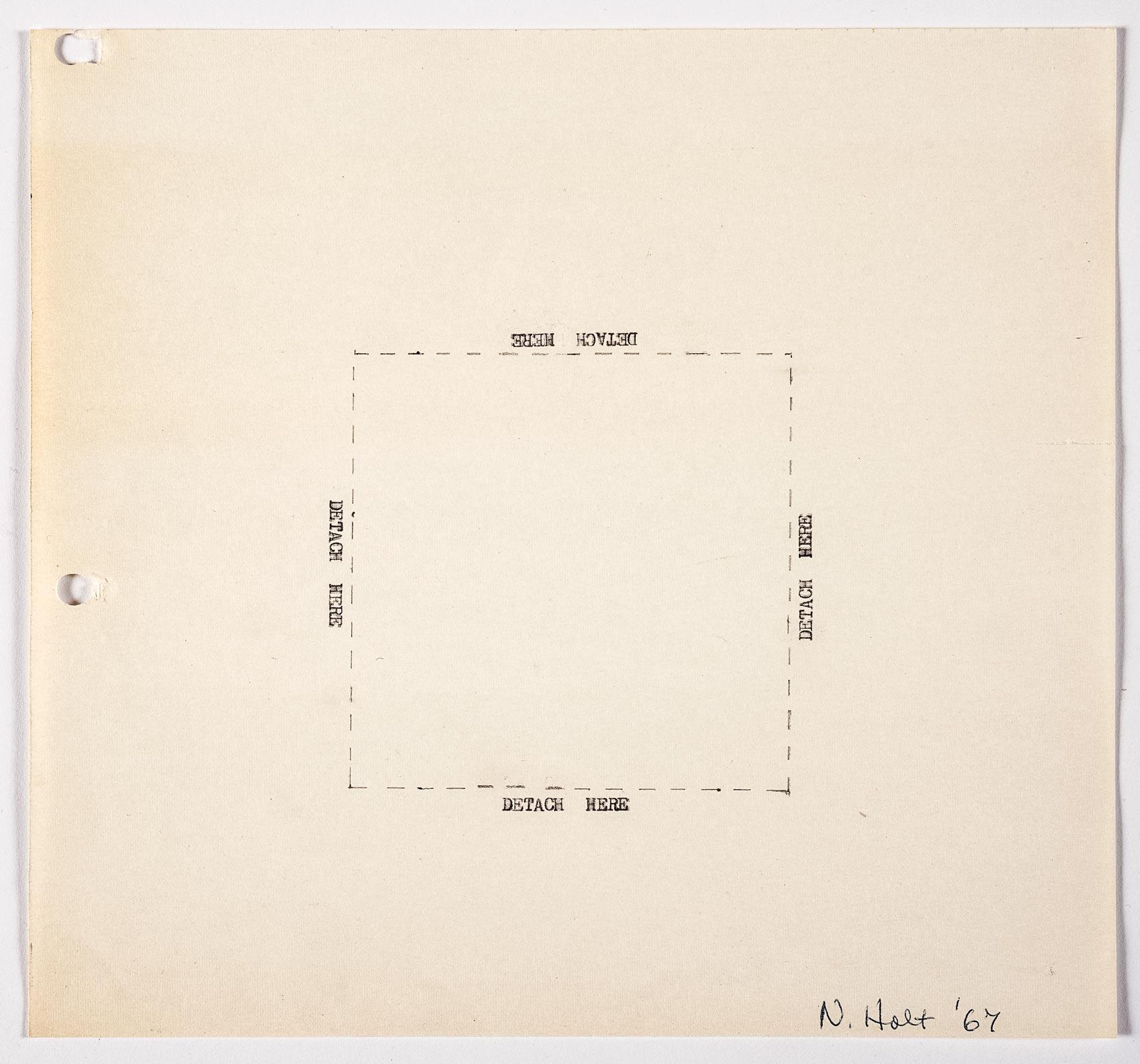 A work done on typewriter with a dashed line forming a square in the middle of the page . Each side of the square has the words "detrach here" typed above them.