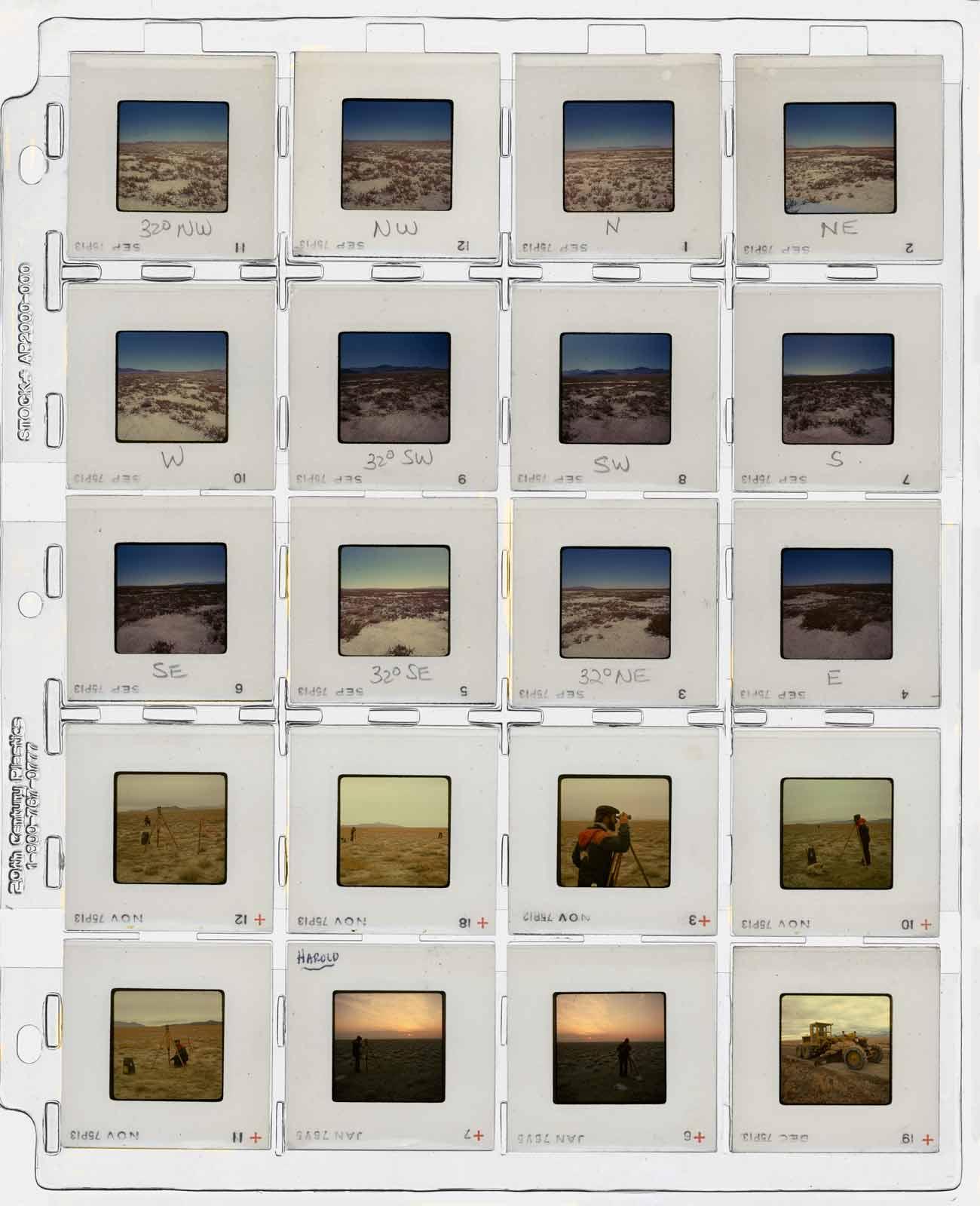 A contact sheet of photo slides of different directional views related to planning Sun Tunnels.