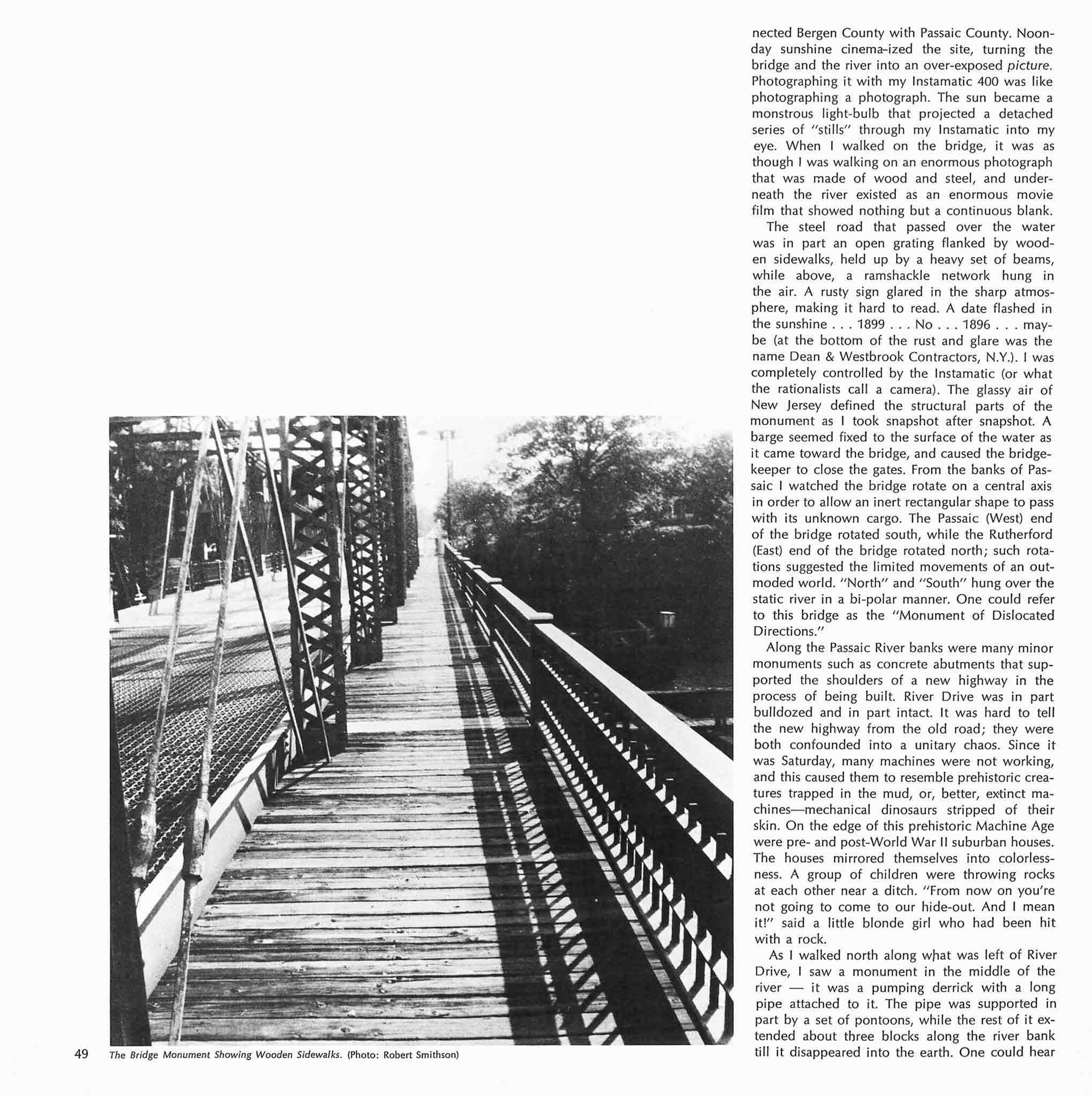 Magazine layout with one large black and white image of a walkway on a bridge on the left and a column of text on the right.