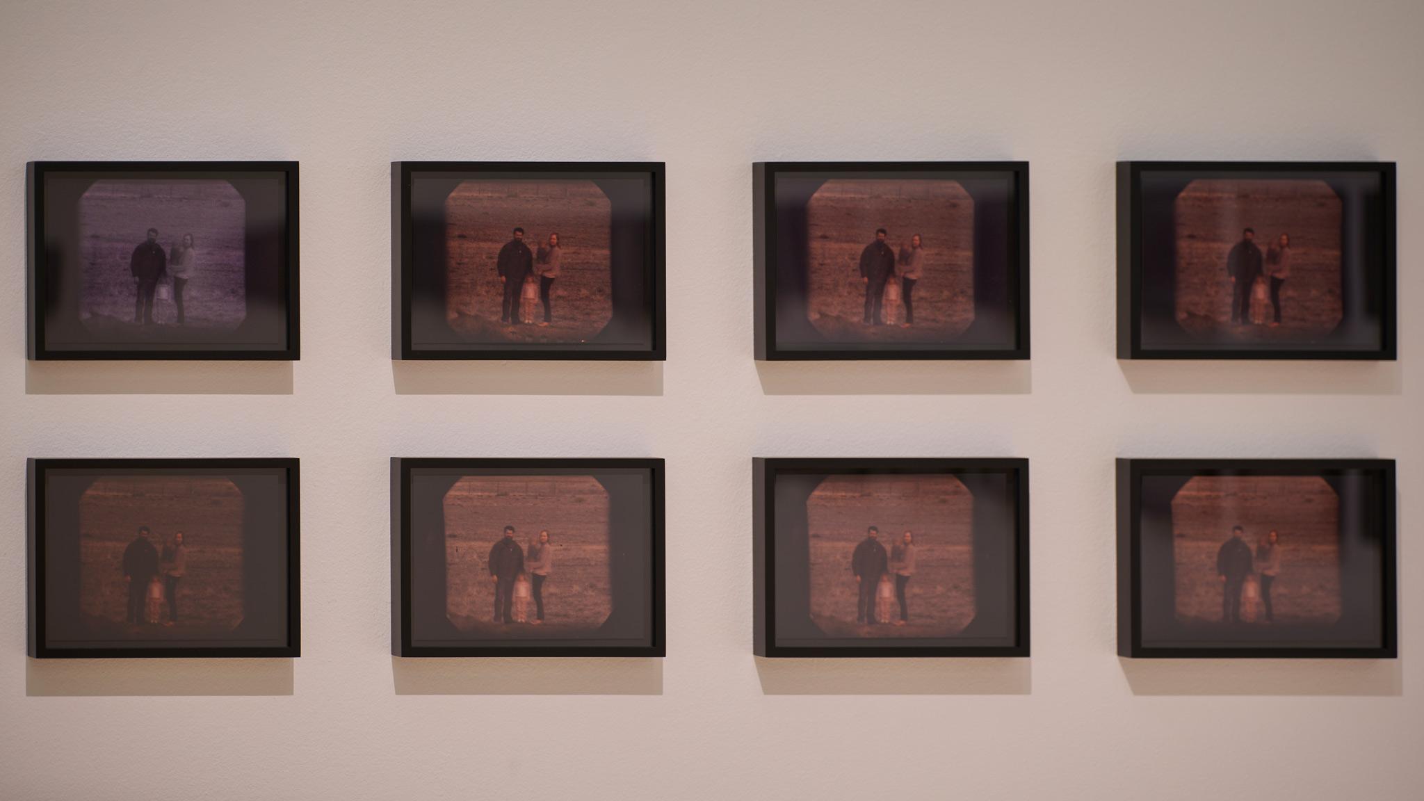 eight framed images of a family standing in a field