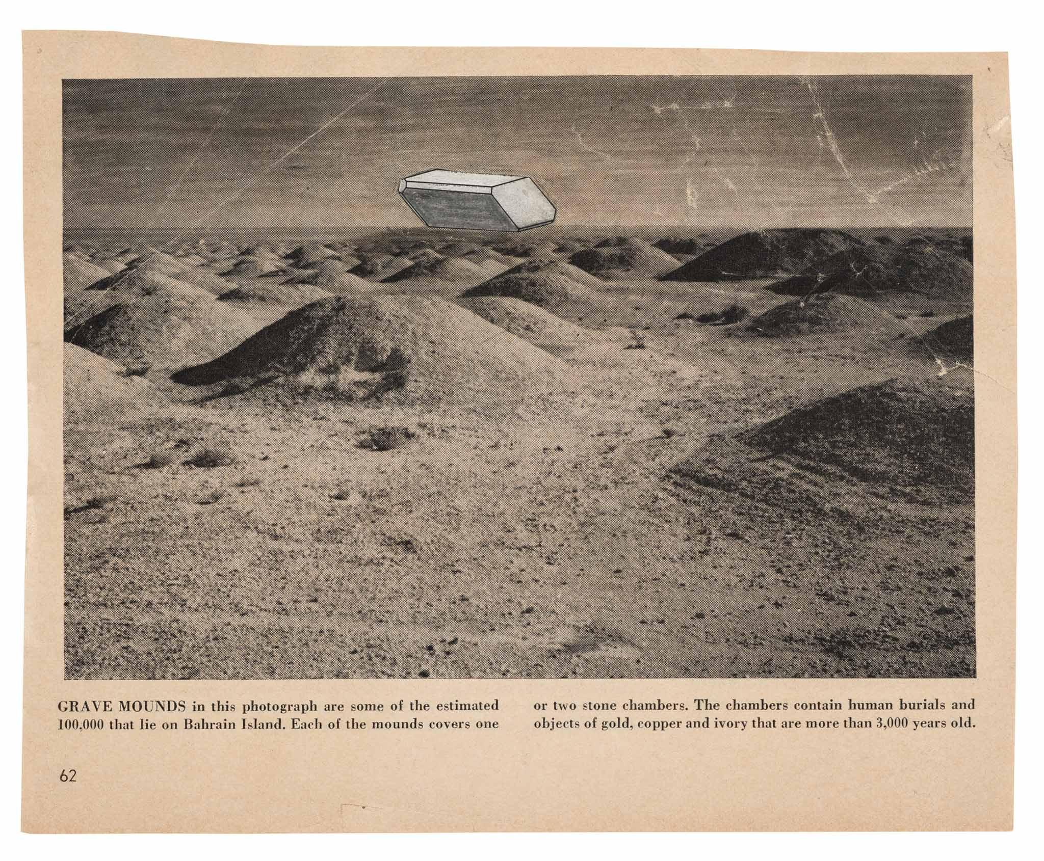 Robert Smithson's photo collage of a crystal object in a landscape of burial mounds