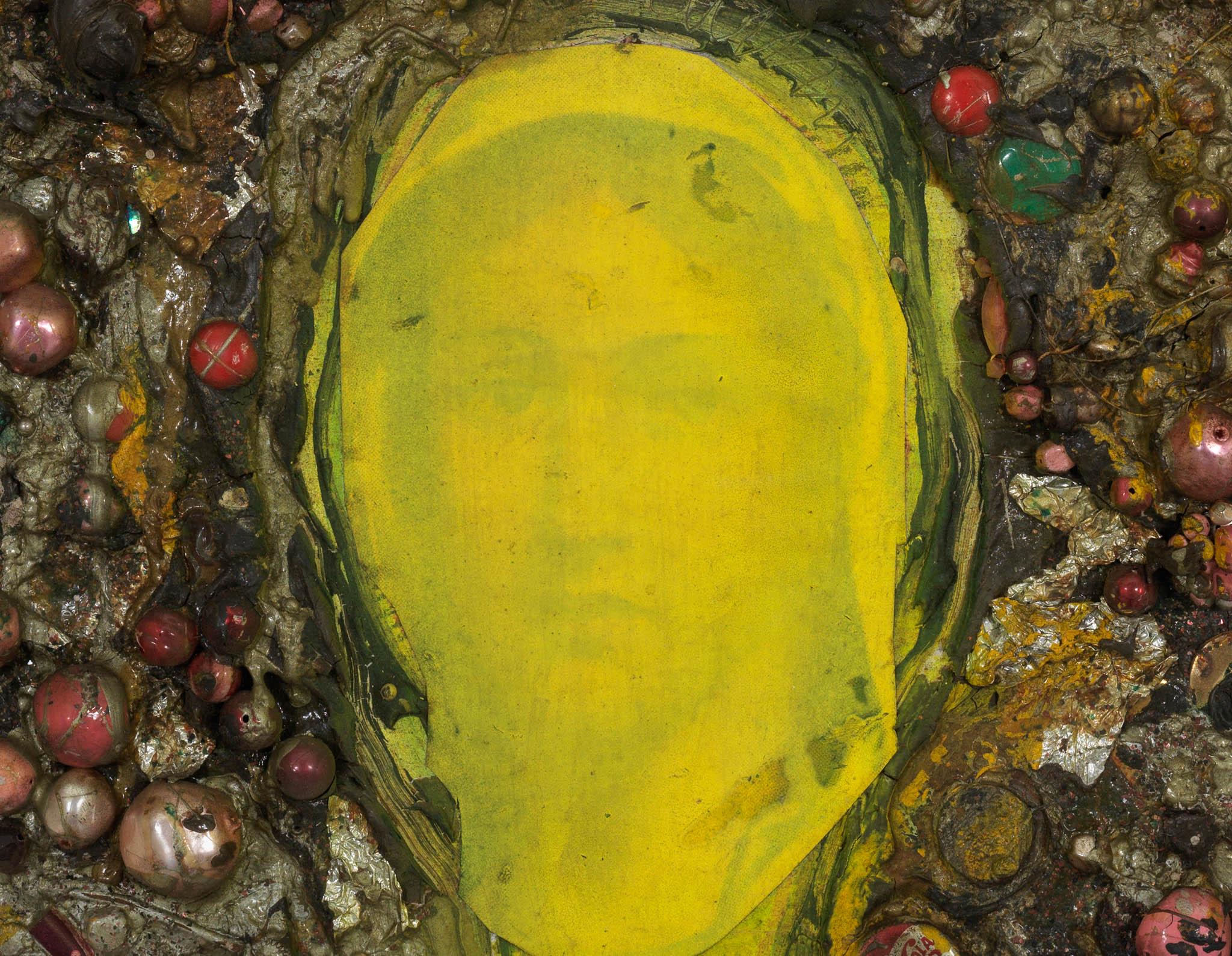 a mixed media collage in a circle with a yellow obscured figure in the center