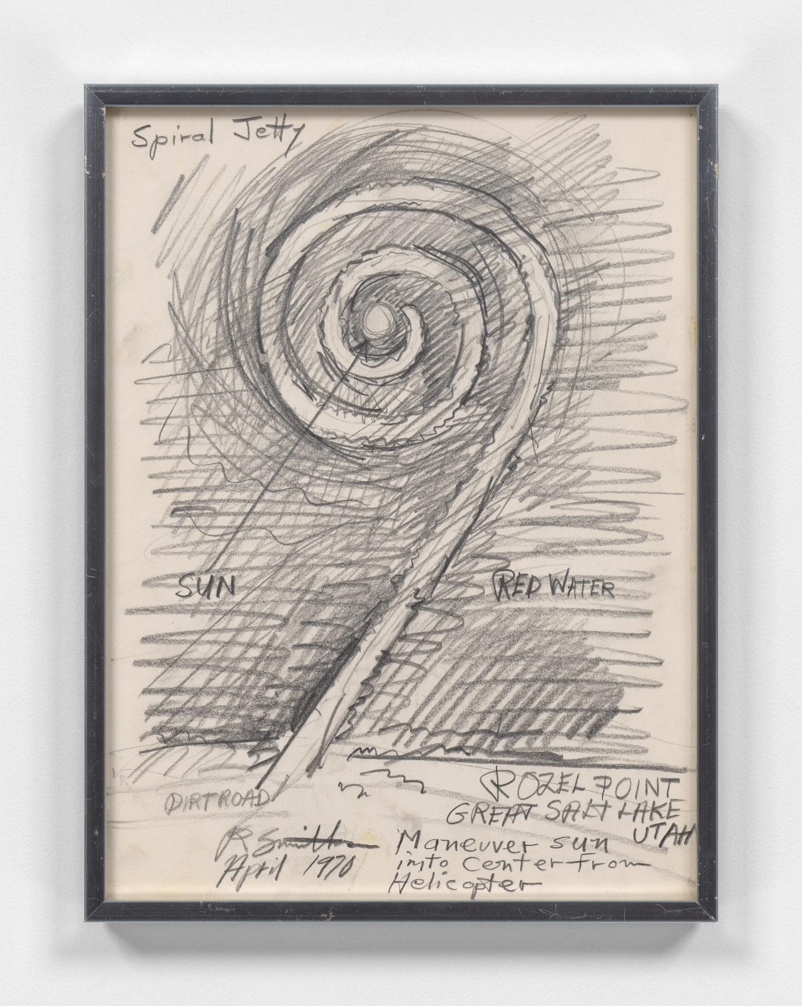 a graphite drawing by Robert Smithson of the Spiral Jetty