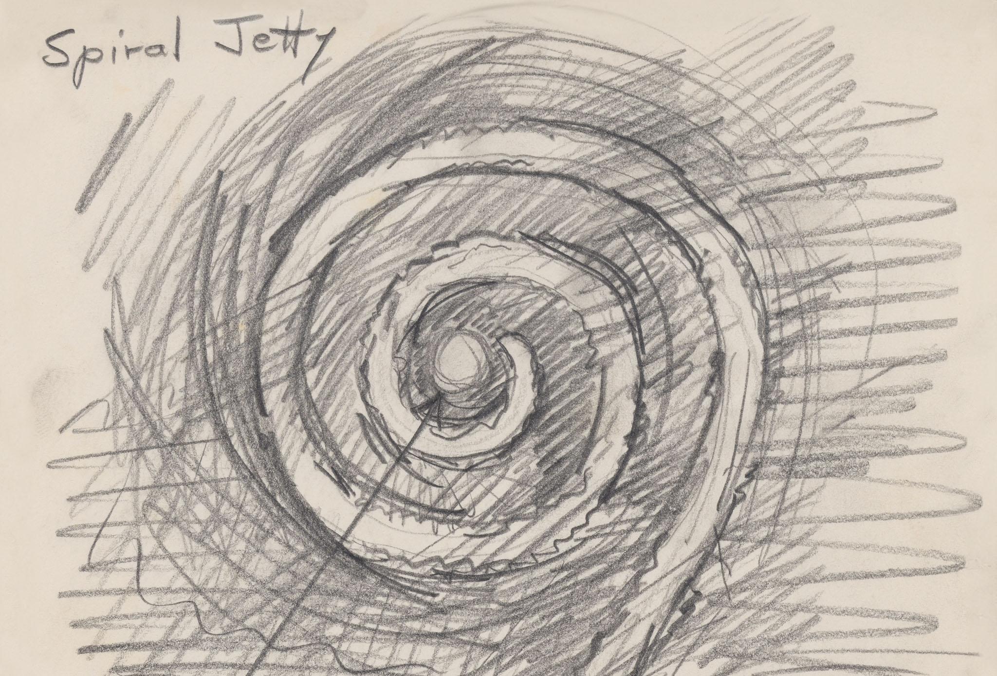 a graphite drawing by Robert Smithson of the Spiral Jetty