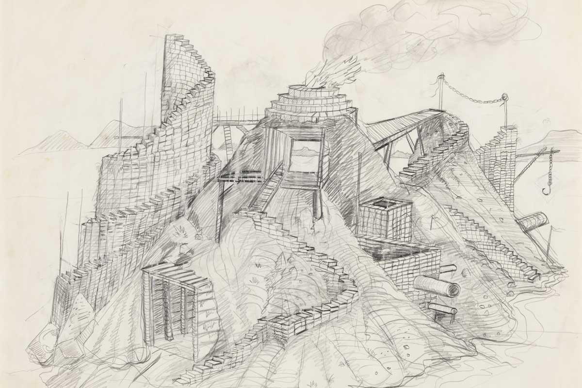 graphite drawing of an imagined island landscape 
