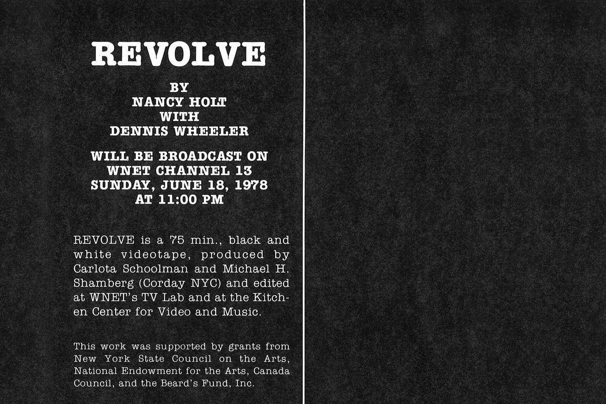 black and white postcard with the word "revolve" in large print at the top