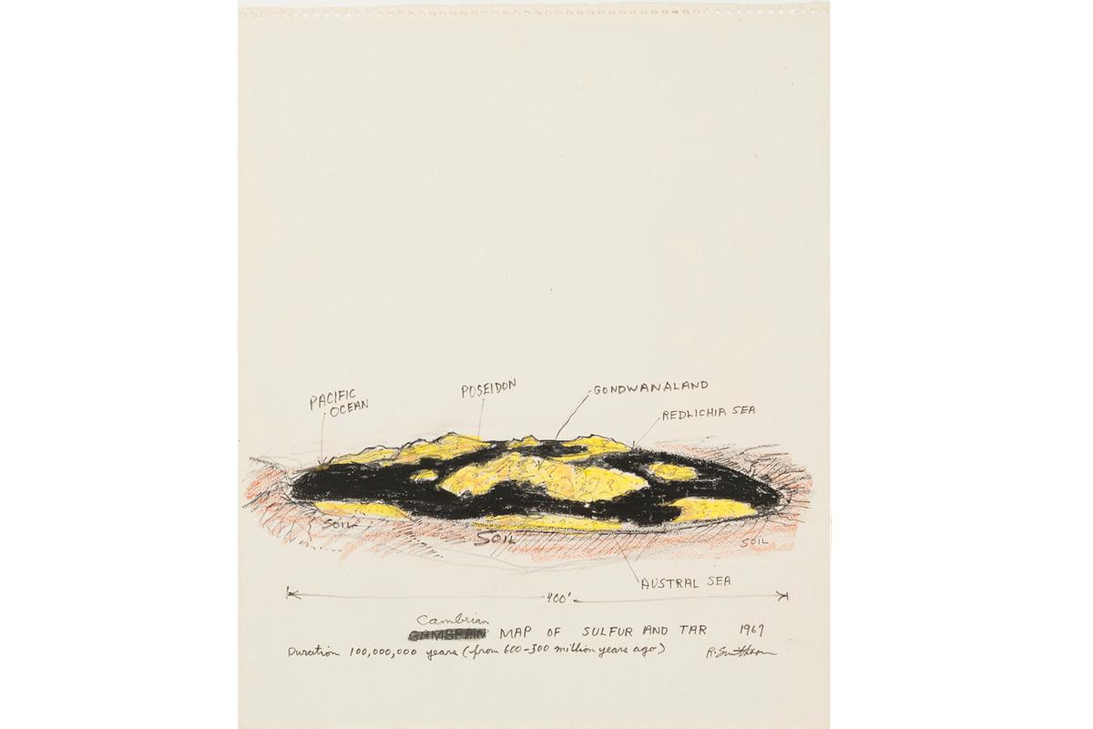 a drawing of a flat mass of sulfur and tar with handwritten annotations