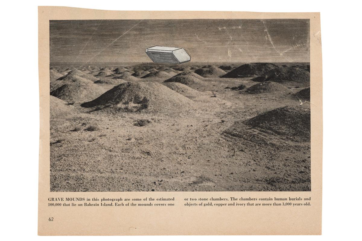 a collaged image of burial mounds with a floating abstract shape 