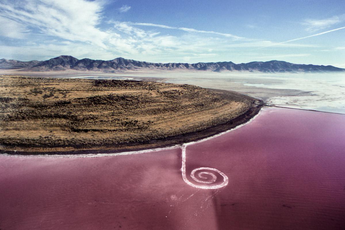aerial image of Smithson's Spiral Jetty with red water