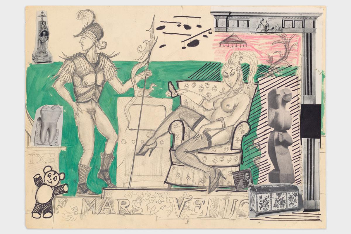 a collage with sculptures, a record cover, and a drawing of two figures