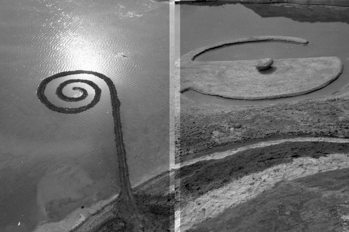 images of Smithson's Spiral Jetty and Broken Circle/Spiral Hill