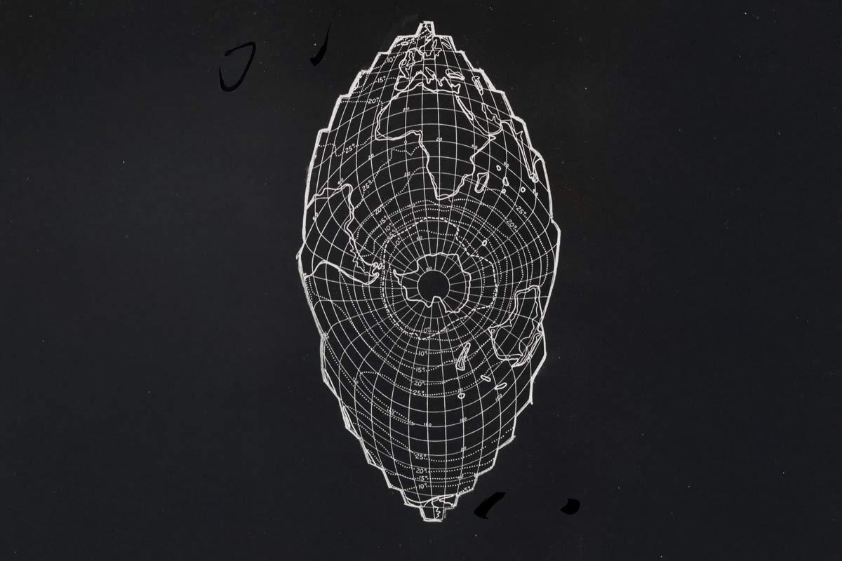 a black and white map projection of the world with Antarctica at the center