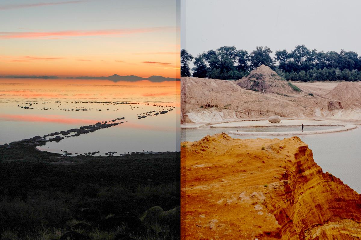 a sunset at spiral jetty on the great salt lake paired with a view of an earthwork at a sand quarry