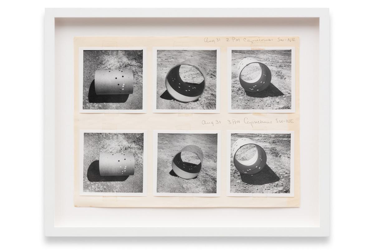 a collage of six polaroid images of cardboard tubes that are affixed to a sheet of paper