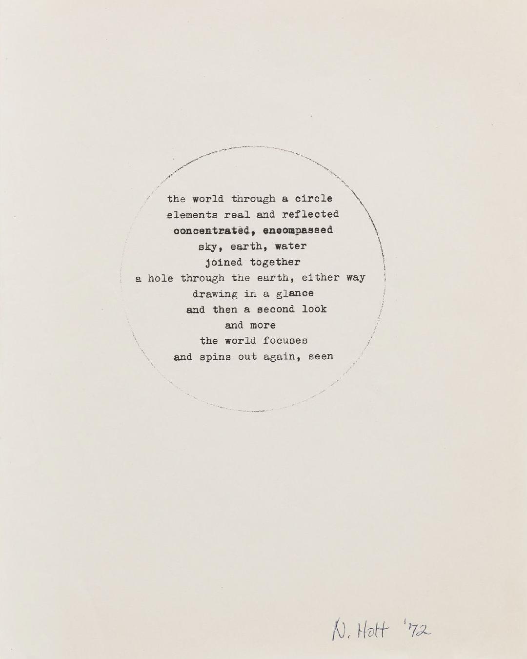 a short typewritten text within a circle, with Nancy Holt's signature in the bottom right corner