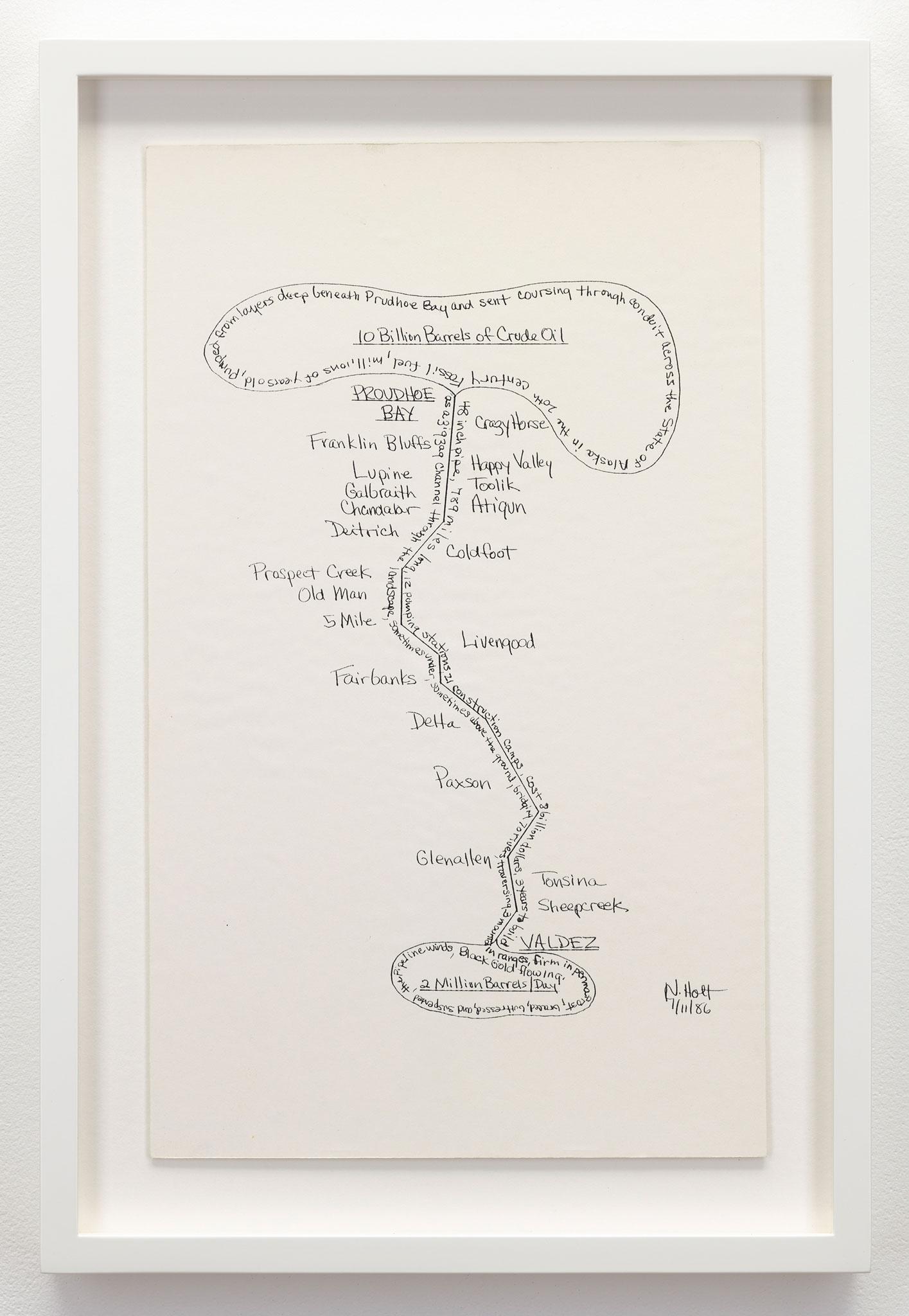 Framed drawing by Nancy Holt, black ink on white paper
