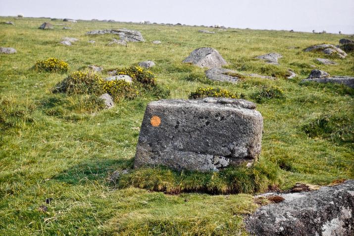 Orange trail marker circle on a stone in England. Photographed by Nancy Holt.