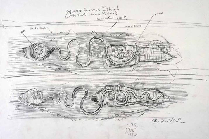 graphite drawing illustrating an aerial view of Little Fort Island with a meandering path overtop of it