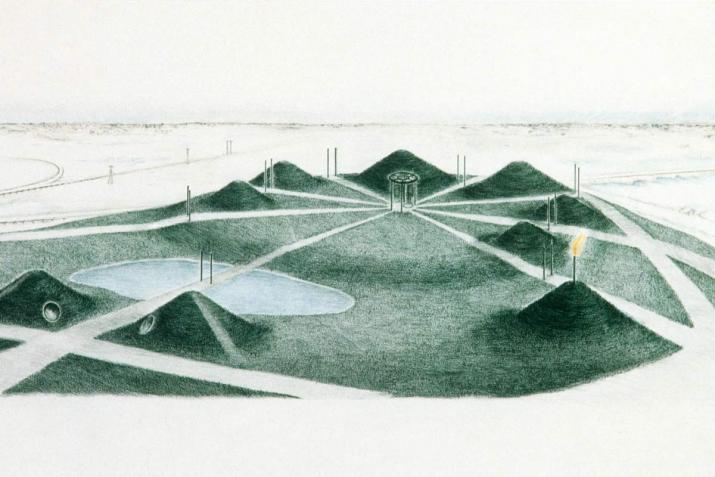 a colored pencil site plan drawing of Sky Mound with paths, small hills, and a pond