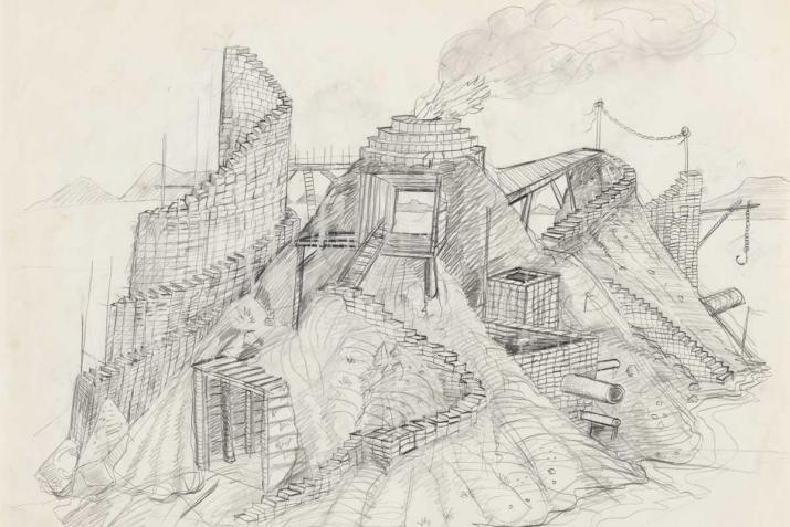 graphite drawing of an imagined island landscape