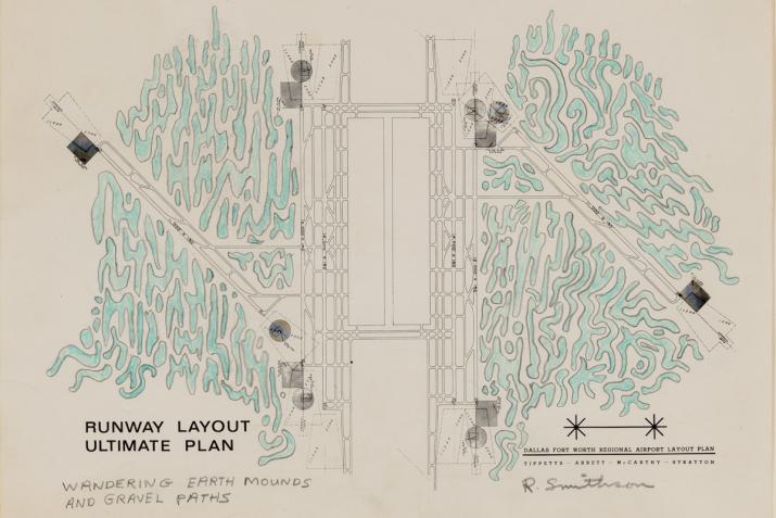 drawing of a map of an airport with teal shapes representing wandering earth mounds