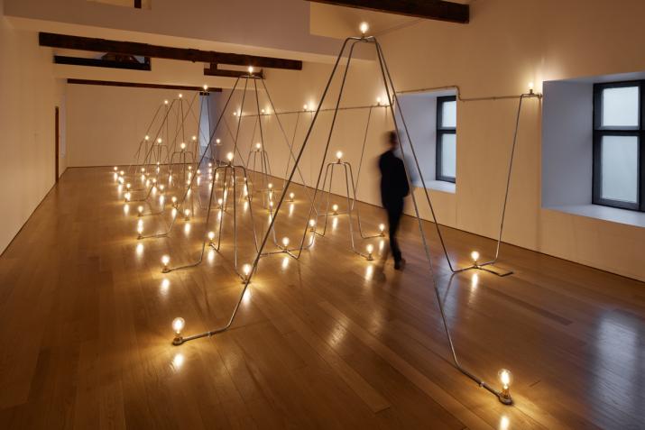 a room with wood floors and white walls filled with sculptural arches of conduit and lightbulbs