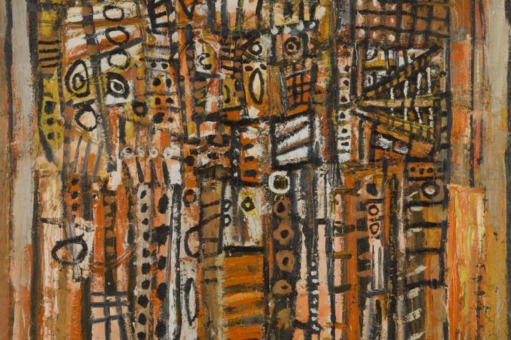 abstract chaotic grid painting of orange, brown, and earth tones