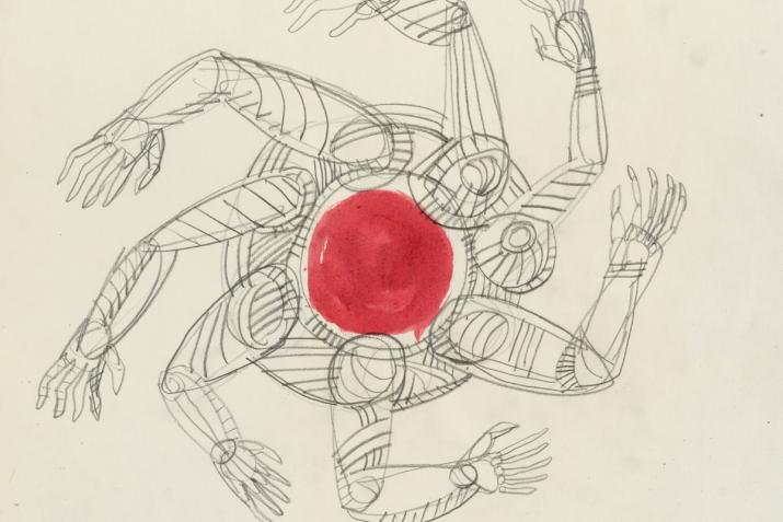a graphite drawing of arms around a red circle