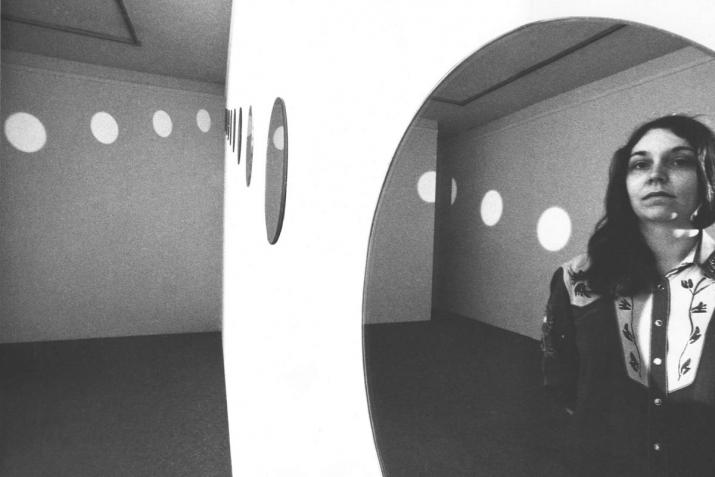 Nancy Holt with Mirrors of Light II at Walter Kelly Gallery, Chicago, Illinois, in 1974.