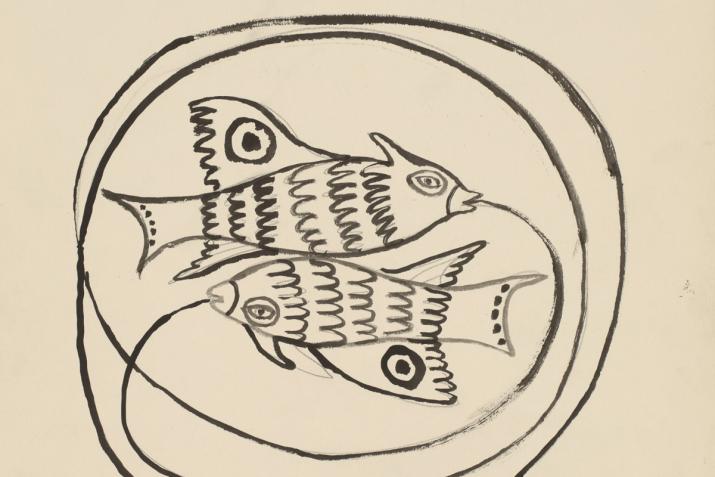 ink drawing of two fish facing opposite directions to represent Pisces
