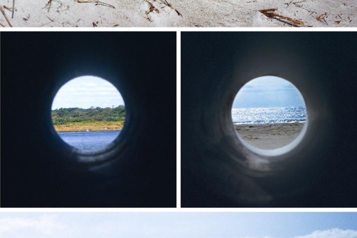 a composite image showing four views of the earthwork Views through a Sand Dune by Nancy Holt