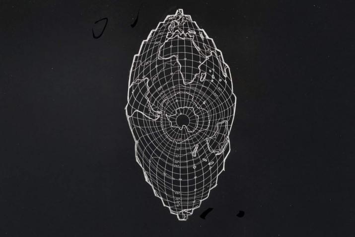 a black and white map projection of the world with Antarctica at the center