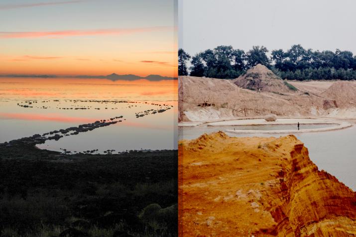 a sunset at spiral jetty on the great salt lake paired with a view of an earthwork at a sand quarry