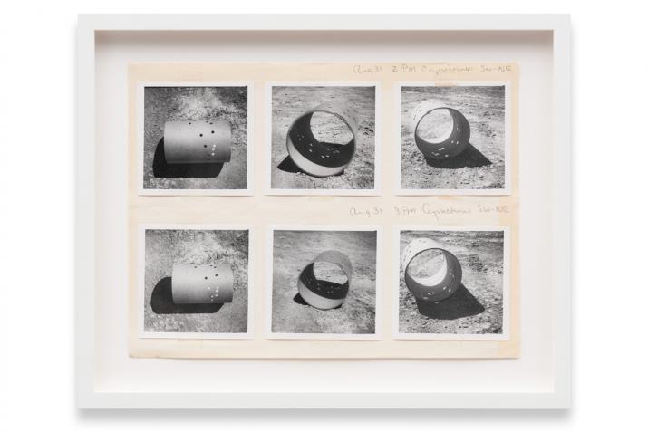 a collage of six polaroid images of cardboard tubes that are affixed to a sheet of paper