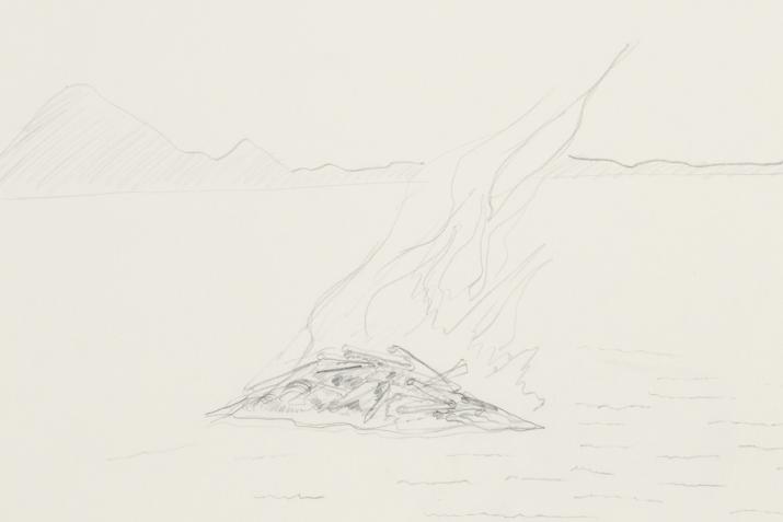 graphite drawing depicting an island of ashes in the ocean