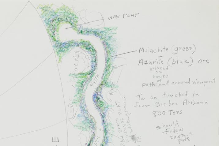 drawing featuring an aerial view of a path made of malachite and azurite