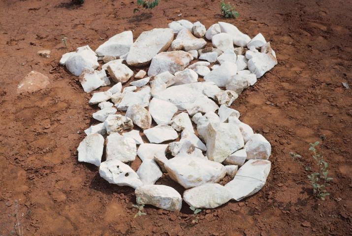 an island mapped in white stones on brown earth