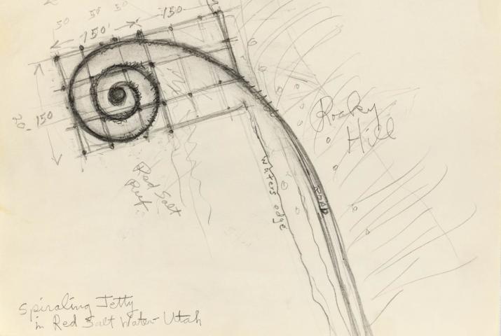 page pf a sketchbook showing a drawing of Spiral Jetty