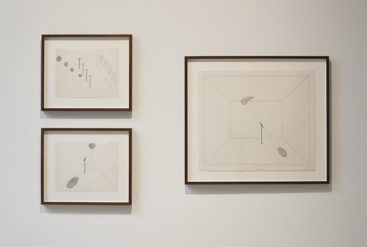 three framed pencil drawings