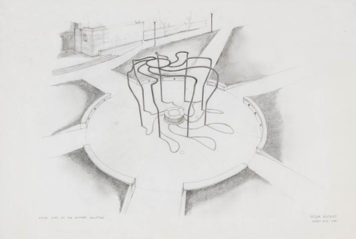 pencil drawing of a campus sculpture