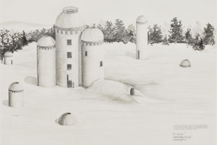 drawing for an outdoor sculpture proposal showing silo-like forms