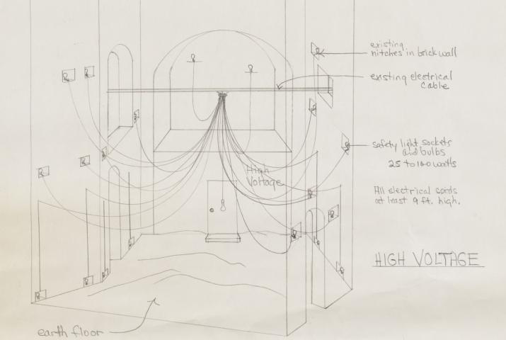 pencil drawing of a system of lights strung in an anchorage
