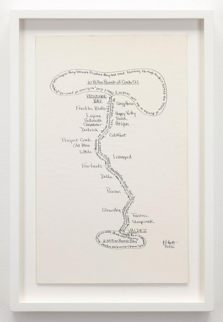 Framed drawing by Nancy Holt, black ink on white paper