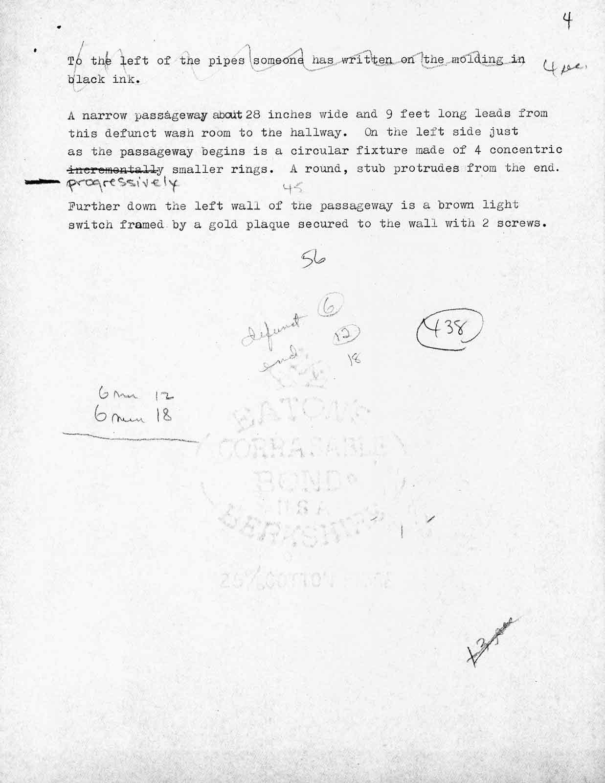 Typewritten text with hand annotation of a visual tour given by Nancy Holt at P.S.1 in New York City, 1977
