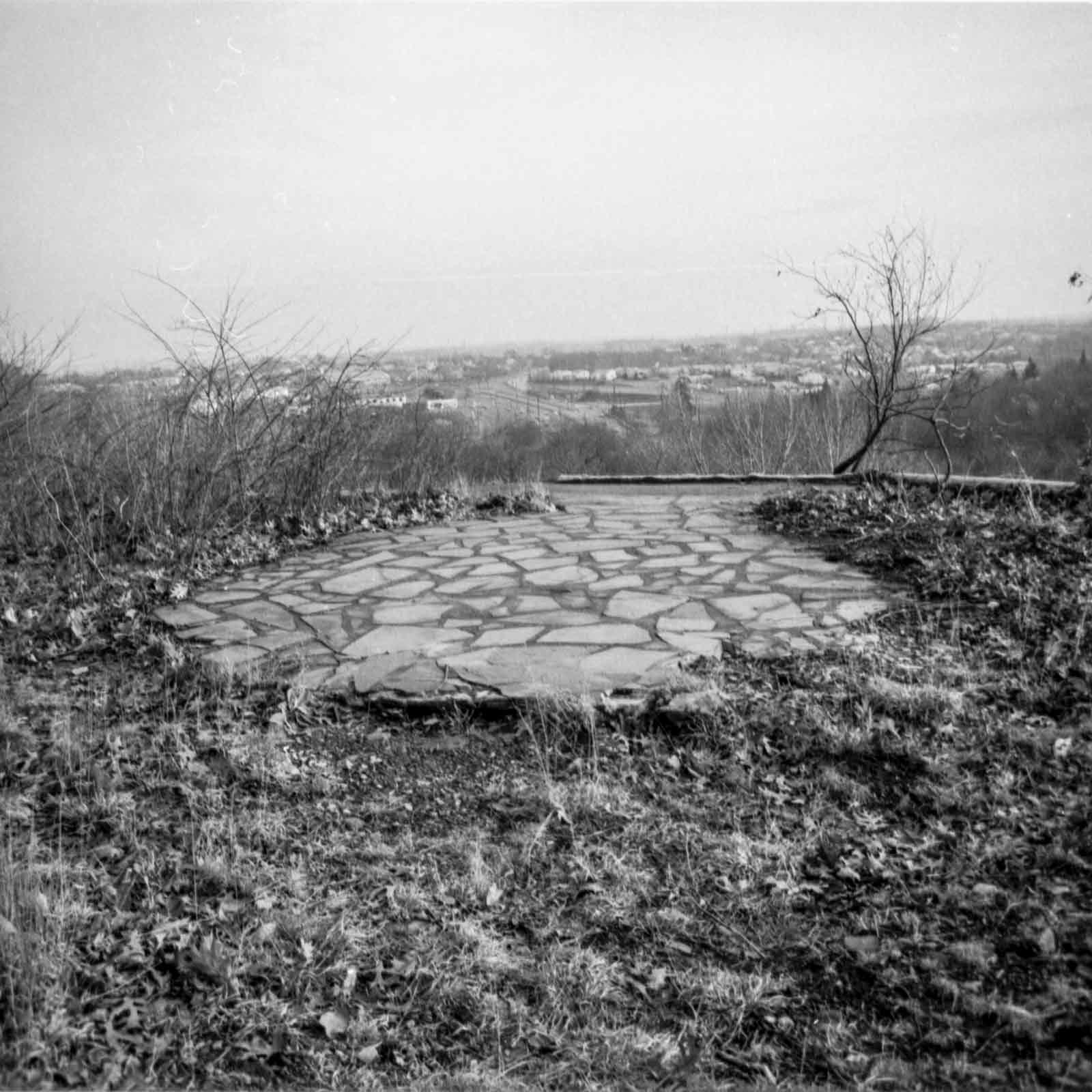 Black and white photograph of building ruins in a forest in Cedar Grove, New Jersey