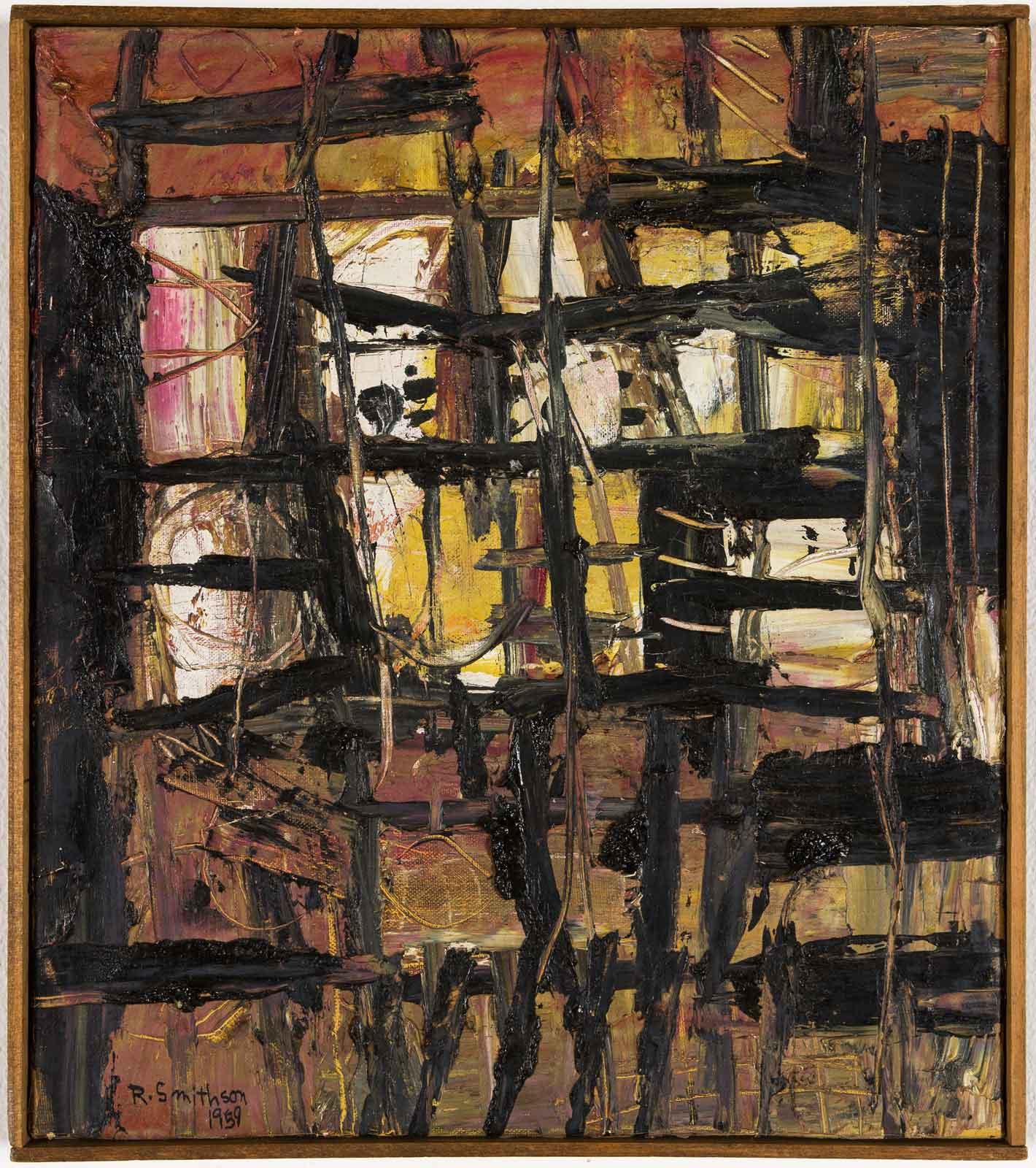 A 1959 abstract painting in dark earth tones by Robert Smithson. Painted lines intersect each other in a loose perpendicular manner.