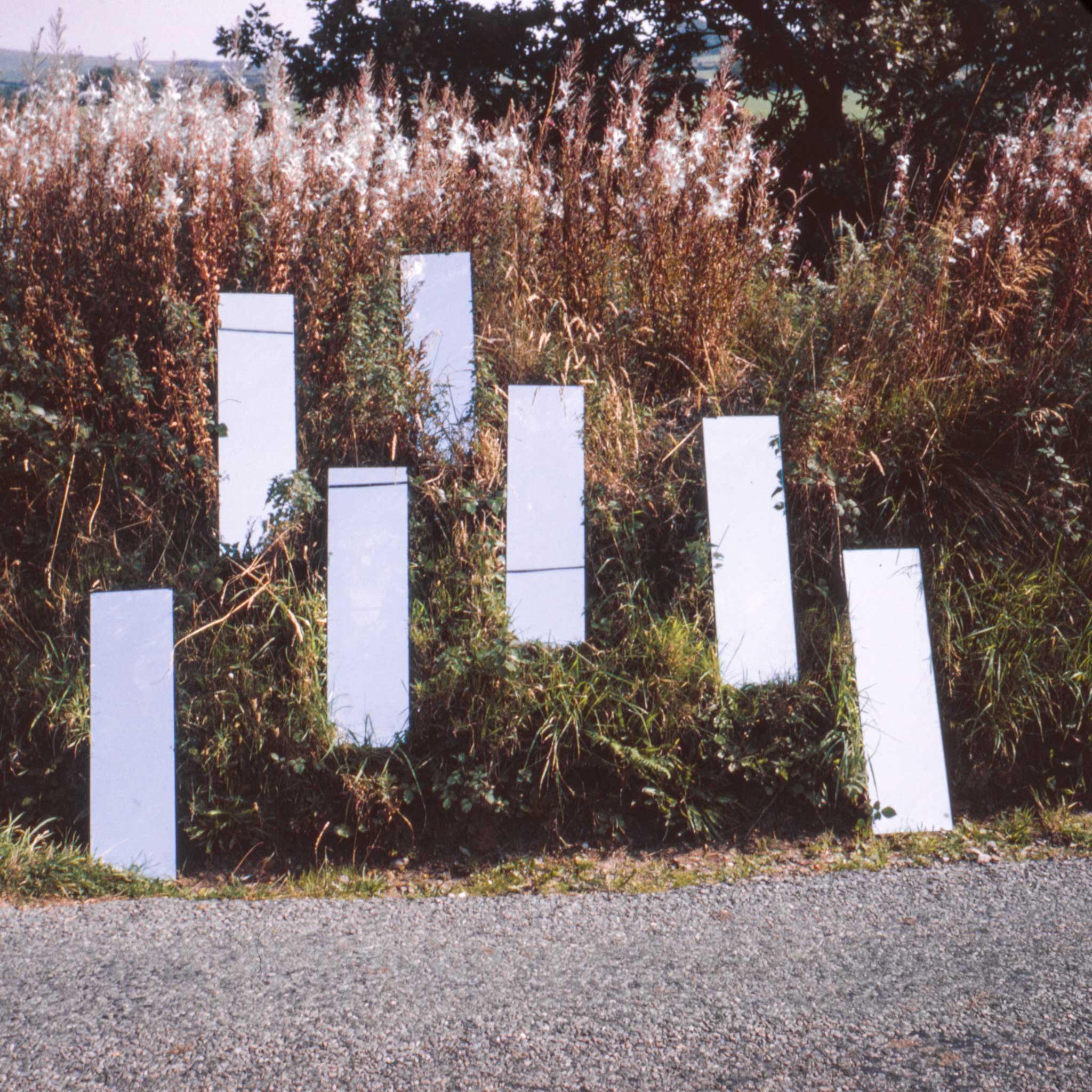 Seven mirrors in the shape of vertical rectangles are positioned on a grassy hillside